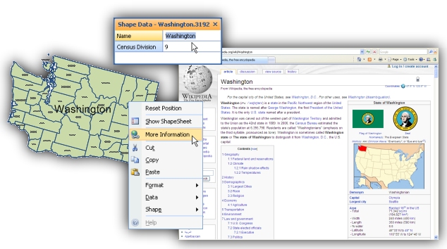Visio MapShapes link to Wikipedia with ShapeLinks MapShapes contain links to information about states and counties on Wikipedia